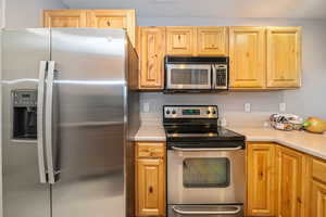 Kitchen featuring light brown cabinetry and stainless steel appliances