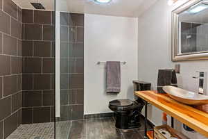 Bathroom featuring a tile shower, tile patterned floors, sink, and toilet