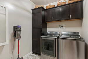 Laundry room with washer and clothes dryer and cabinets