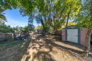 View of yard with a storage unit