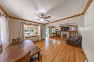 Living room with a fireplace, light hardwood / wood-style floors, crown molding, and ceiling fan