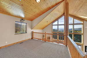 Additional living space featuring carpet floors, a mountain view, plenty of natural light, and wooden ceiling