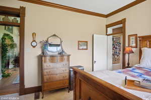 Bedroom with ornamental molding and light colored carpet