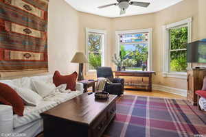 Living room with ceiling fan, light hardwood / wood-style floors, and a wealth of natural light