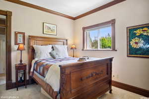 Carpeted bedroom featuring ornamental molding