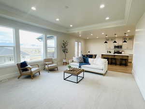 Carpeted living room with french doors, ornamental molding, and a raised ceiling