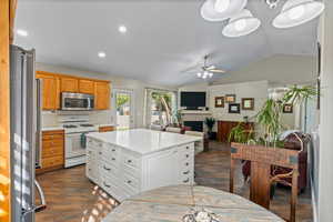 Kitchen with ceiling fan, white cabinetry, appliances with stainless steel finishes, dark hardwood / wood-style floors, and vaulted ceiling