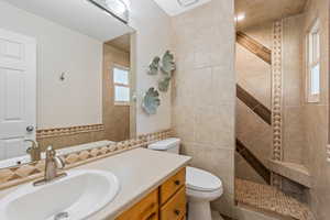 Bathroom featuring vanity, tile walls, toilet, and tiled shower