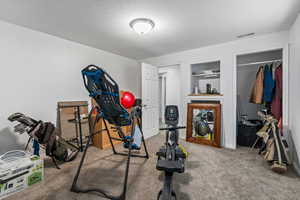 Workout room featuring carpet floors and a textured ceiling