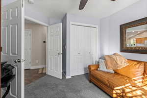 Sitting room featuring vaulted ceiling, dark carpet, and ceiling fan