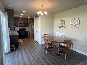 Dining room featuring dark hardwood / wood-style floors. There is a fun little cubby for kids to play in.