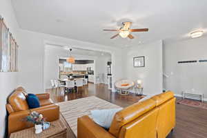 Living room with ceiling fan and dark hardwood / wood-style flooring