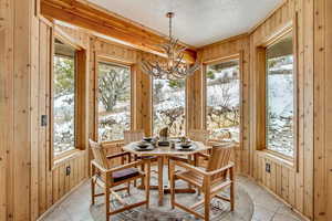 Dining area with an inviting chandelier, light tile patterned flooring, a healthy amount of sunlight, and wood walls