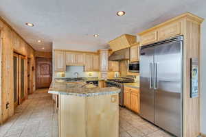 Kitchen with light brown cabinets, wooden walls, sink, light stone countertops, and premium appliances