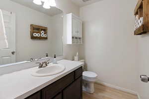 Bathroom with vanity, toilet, and wood-type flooring