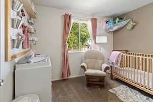 Carpeted bedroom with a crib