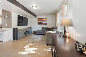 Living room with light hardwood / wood-style flooring and a textured ceiling