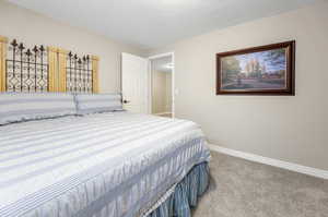 Carpeted bedroom with a textured ceiling