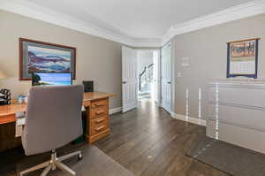 Office area featuring ornamental molding and laminate/wood-style floors.