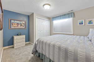 Bedroom with a closet, a textured ceiling, and light carpet