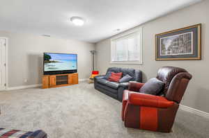 Carpeted living room featuring a textured ceiling