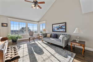 Living room featuring ,high vaulted ceiling, and ceiling fan