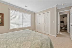 Bedroom with light carpet, a closet, and ornamental molding