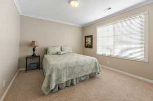 Carpeted bedroom featuring crown molding