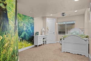 Carpeted bedroom with a textured ceiling