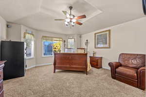 Bedroom with ceiling fan, multiple windows, and light colored carpet