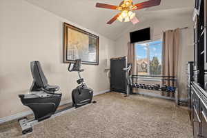 Workout area with carpet, vaulted ceiling, and ceiling fan