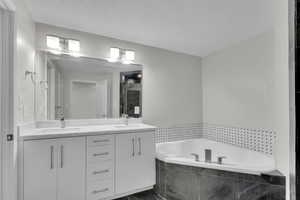 Master Bathroom with vanity and tiled bath