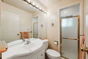 Bathroom featuring vanity, toilet, and walk in shower