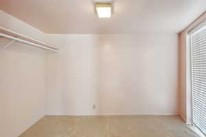 Spacious closet featuring light colored carpet