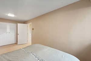 Bedroom with light colored carpet and a closet