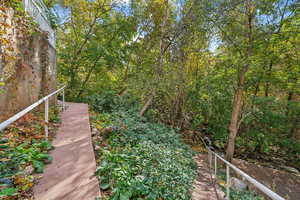 Walkway to lower level patio by stream