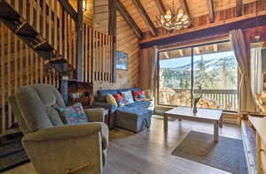 Living room featuring wood walls, lofted ceiling with beams, a mountain view, hardwood / wood-style floors, and wood ceiling