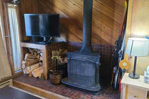 Room details with wood walls and a wood stove