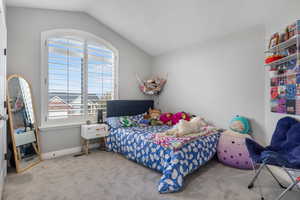 Bedroom with multiple windows, carpet floors, and vaulted ceiling