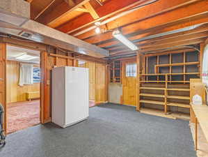 Basement with plenty of natural light, wood walls, white refrigerator, and dark carpet