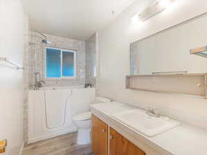 Bathroom with vanity, toilet, and wood-type flooring