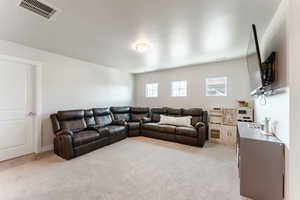 Living room featuring light colored carpet