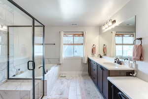 Bathroom with vanity, separate shower and tub, and a wealth of natural light