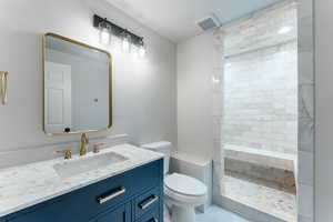 Bathroom with vanity, toilet, and tiled shower with steam sauna