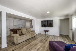 Living room featuring light LVP flooring, open concept to the basement kitchen.