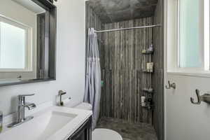 Main bathroom featuring vanity, toilet, and shower.