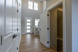 Foyer featuring light hardwood / wood-style flooring and a high ceiling