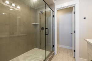 Bathroom with vanity, wood-type flooring, and a shower with door