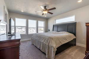 Carpeted bedroom with a textured ceiling and ceiling fan