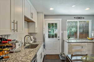 Kitchen featuring light stone countertops, sink, white cabinets, and dark hardwood / wood-style flooring